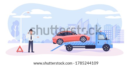 Roadside assistance concept. Broken car on tow truck and cartoon man calling emergency service, vector illustration in flat style. Royalty-Free Stock Photo #1785244109