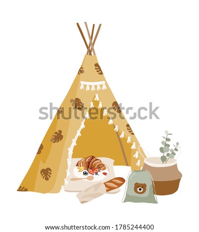 Nursery boho poster for baby room, toys, teepee, picnic, decor. Hand drawn vector illustration for prints, kids cards, t-shirts.