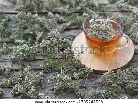 Herbal medicinal background. Healthy tea with yarrow flowers on a wooden rustic table. Place for text.