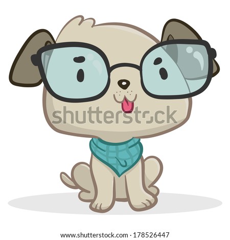 Vector illustration of a cartoon dog, that wears glasses, sitting. Fully editable.