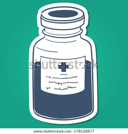 Bottle with liquid mixture. Sketch sticker vector element for medical or health care design