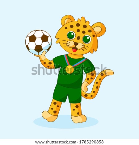 Vector illustration of cute sportive leopard holding ball in hands. Cartoon animal for kids. 