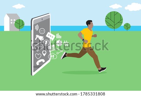 Digital detox. Young male character stepping out of the mobile phone screen to nature landscape, escape from virtual life to reality. Millennial user. Flat vector illustration, clip art, banner