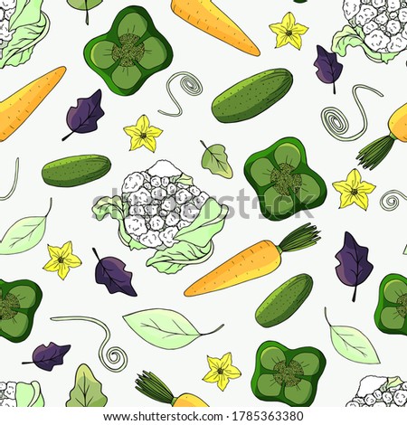 vector seamless pattern with vegetables. background with pepper, cauliflower, carrot and cucumber. for packaging design, menus, and fabrics. vegetarian and vegan style.