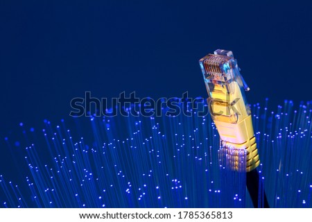 Fibre optic strands with a ethernet lan broadband cable, FTTP full fibre broadband concept Royalty-Free Stock Photo #1785365813