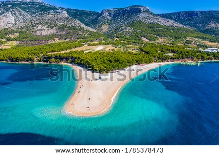 Aerial view of Zlatni rat beach in Bol, Island Brac, Croatia Royalty-Free Stock Photo #1785378473