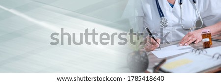 Female doctor writing prescription in medical office; panoramic banner