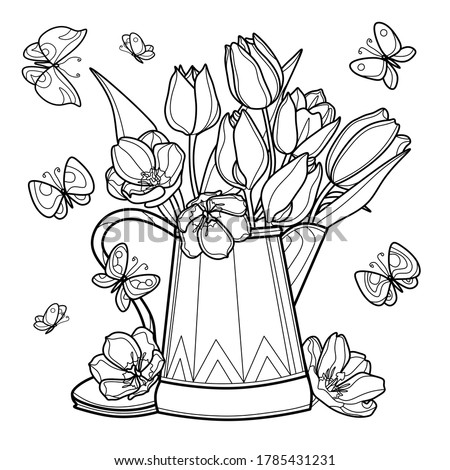 Coloring page antistress for adults 
and children. Tulips in a tall teapot with a lid, butterflies fly