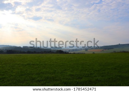 A sunny morning with light residual fog in the green landscape