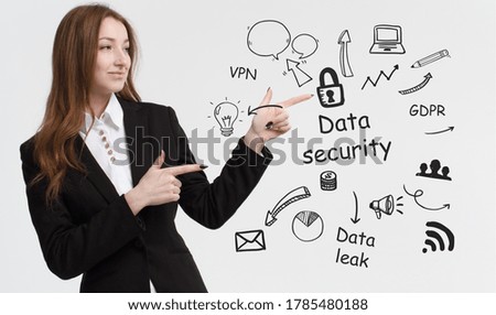 Business, technology, internet and network concept. Young businesswoman thinks over ideas to become successful: Data security