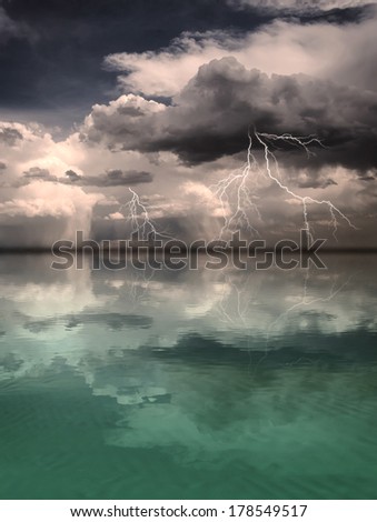 Lightning storm reflected in the distance upon an otherwise calm ocean with a sandy bottom.