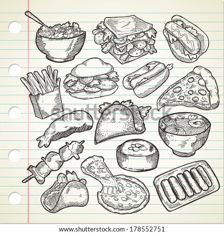 Set of various food in sketchy style 