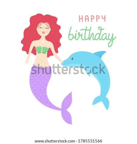 Cute mermaid vector illustration, birthday greeting card. Red hair mermaid girl, princess with purple tail and green shell bra with dolphin. Isolated.