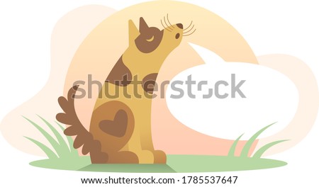 A dog howls on the sunset sitting on the green grass. Funny pet flat illustration. Speech bubble. Add your text to the image. Place your text here. Care about homeless pets/animals.