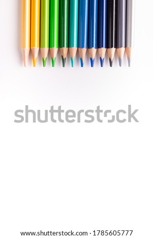 A set of colored pencils lined up on top of the vertical photograph. On a white background