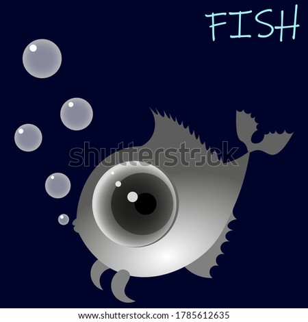 art cartoon fish with big eye and air bubbles on dark blue background