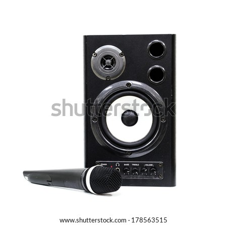 Speaker with microphone isolated white background.