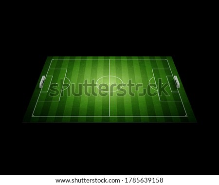 perspective deep green football court with damage texture. striped lawn in black background. 3d illustration.