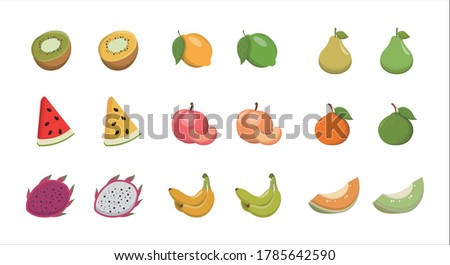 9 different colors of fruits isolated on white background