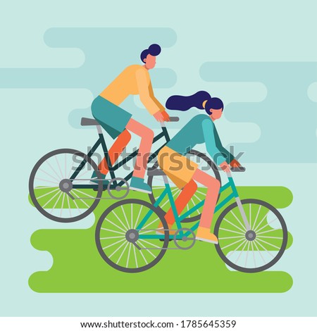 young couple bikes ride sport characters vector illustration design