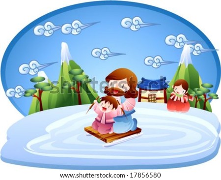 Jesus Christ and Christian - cute young children play with the Lord in the sledge park on winter vacation on a background with bright blue sky and beautiful natural scenery : vector illustration
