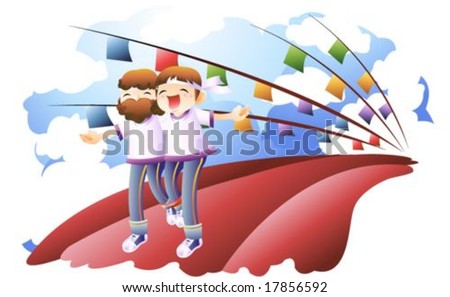 Jesus Christ and Christian - the Lord run with cute young child on the running track on the sports day on the background with bright blue sky and white clouds and colorful flags : vector illustration