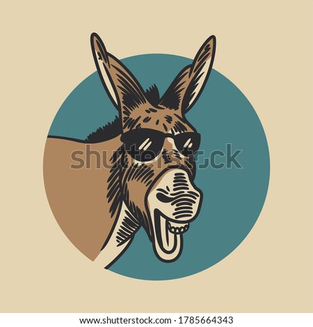the donkey laughing and wearing glasses in the background of a blue circle vintage illustration Royalty-Free Stock Photo #1785664343
