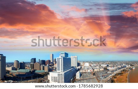 Aerial view of New Orleans skyline at sunset - Louisiana.
