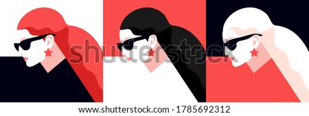 Female avatars. Redhead, brunette and blonde women, wearing sunglasses and earrings. Vector illustration in white, black and red colors Royalty-Free Stock Photo #1785692312
