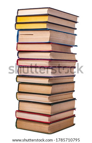 a stack of books for everyday reading and education are stacked on top of each other, isolated on a white background