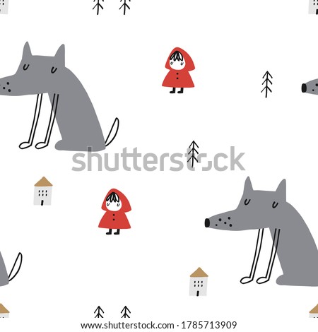 Baby seamless vector pattern. Little Red Riding Hood and Big Bad Wolf. Creative scandinavian kids pattern for fabric, textile, wallpaper, apparel. Vector illustration in red and gray colours.