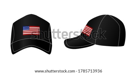 Vector flat illustration of a black baseball cap with the flag of America. Isolated. Clip art.