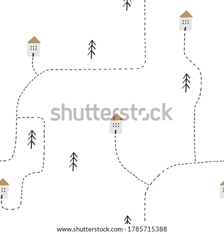 Baby seamless vector pattern. Little houses in the forest. Creative scandinavian kids pattern for fabric, textile, wallpaper, apparel. Vector illustration in red and gray colours.