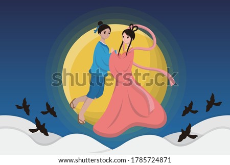 Chinese Festival, Chinese Tanabata Festival, Tanabata, cartoon illustration Cowherd and Weaver Girl, magpie, love, holding hands, July 7, legendary festival