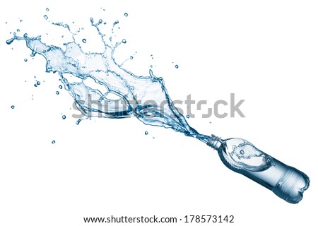 bottle of drinking water splashing out isolated on white