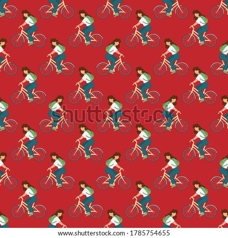 BIKE GIRL Tourist With A Backpack Goes On A Journey Seamless Pattern Vector Illustration For Print