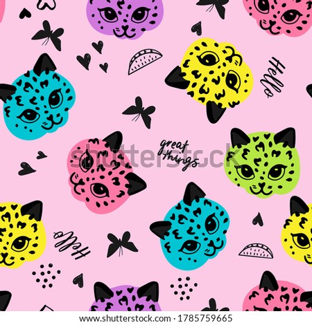 cute hand drawing pattern with cat . Bright seamless background for baby textiles, fashion, wrapping paper and more