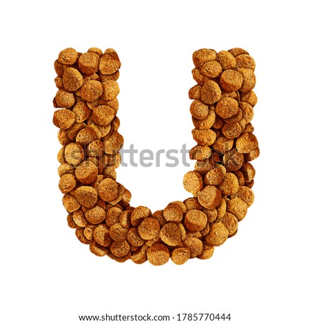Cat and dog food font. Isolated pet letter made from pet food granules. Custom hand made typography. 