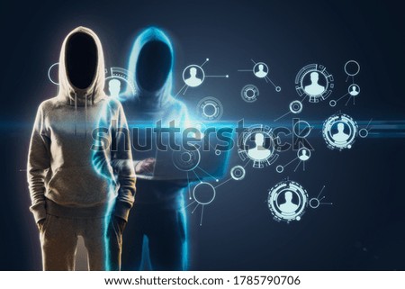 Two hacker with laptop and glowing social media interface. Finance and malware concept. Double exposure