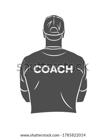 Silhouette sports coach stands with his back in a T-shirt and baseball cap. Background for sports or coaching theme on a white background. Vector illustration Royalty-Free Stock Photo #1785822014