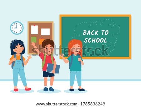 Children in class with a chalkboard, back to school concept, cute characters. Vector illustration in flat style