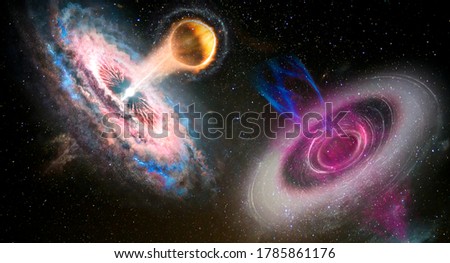 Futuristic sci-fi landscape of two black holes system in open space. Elements of this image furnished by NASA.