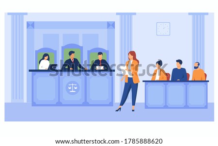 Attorney pleading in court. Lawyer woman speaking in courtroom, reading from notes, addressing judge and jury box. Vector illustration for courthouse, trial, law, judgment, justice concept Royalty-Free Stock Photo #1785888620