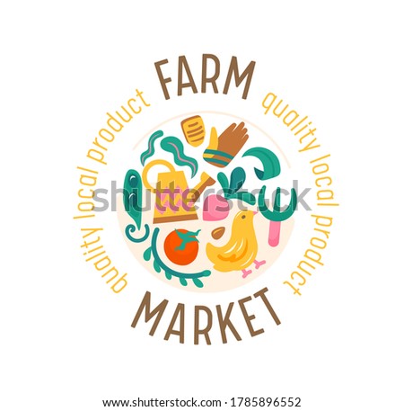 Farm Market Banner with Veggies and Chick. Ecological Natural Organic Production Advertising Promotional Poster, Fresh Tasty Farmer Quality Local Products. Cartoon Vector Illustration, Icon or Label