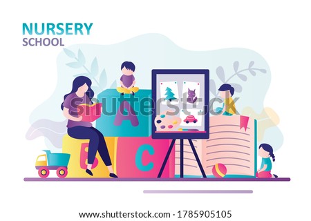 Female teacher reads book to small children in daycare center. Kindergarten pupils listening to tutor. Concept of nursery school and preschool program. Banner in trendy style. Flat vector illustration Royalty-Free Stock Photo #1785905105