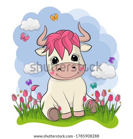 Clip art made in vector style. Cartoon cute bull is made on sitting on green grass against a background of clouds around which multi-colored butterflies fly. The cow is cute and has beautiful eyes.