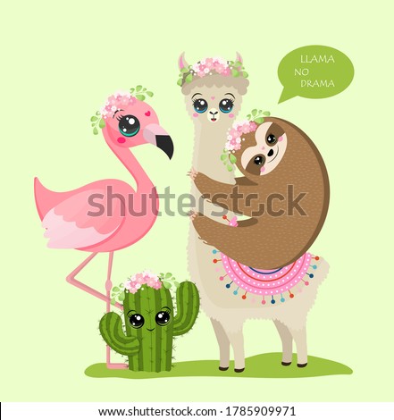 Vector set in which there is a llama, sloth, flamingo and cactus, all cartoon characters have cute eyes and clues, animals are made in kawaii style and has flowers. Animals are on a green background.