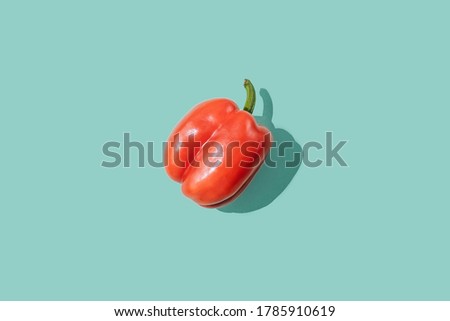 Red sweet pepper on turquoise background. Single bright vegatable.