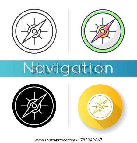 Compass icon. Marine and land navigation, direction guide tool. Linear black and RGB color styles. Traveler instrument with cardinal points and magnetic arrow isolated vector illustrations