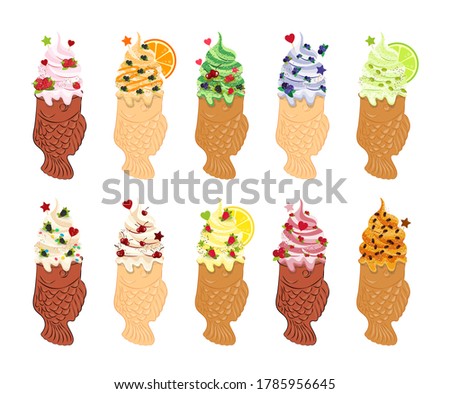 Ice cream. Cold. Milk cream. Summer food. Ice cream made from fruits and berries. Ice cream cone tayaki. Sweet snow. Natural product. Set of cute summer dessert. A waffle cup in the shape of a fish